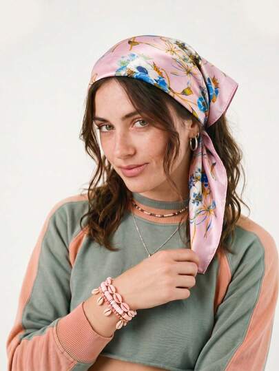 1pc Elegant Floral Print 70cm Square Scarf, Suitable For Casual And Street Wear, Fashion Bandana, Headband, Headwrap, Outdoor Sun Protection Accessory To Decorate Your Look