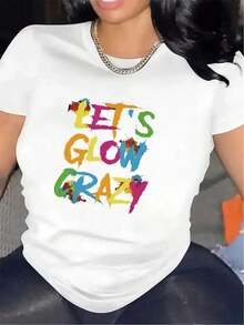 Women's Party T-Shirt - Bold "Let's Glow Crazy" Print T-Shirt In Black With Neon Pink And Blue Lettering - Lightweight Stretch Polyester Top For Party Nights, Everyday Wear - Machine Washable, Non-See-Through, Casual Wear, Fashionable Garment, Comfortable Fit, Stylish Blouse, For Fashion Lovers - 白色 - 查看 7