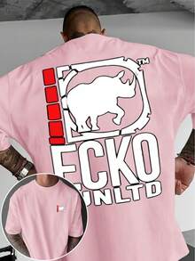A Short-Sleeved T-Shirt With A "Rhino" Print And A Round Neck, Ideal For Summer. It's A Must-Have For Travel, Dates, Beach Outings, And Vacations, Making It A Perfect Gift For Dad Or A Boyfriend On Special Occasions. - 粉色 - 查看 6