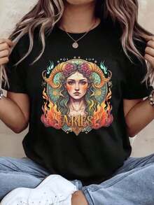 Women's Cotton T-Shirts With The Zodiac Sign Aries, Women's T-Shirt With Astronomical Art And Graphic Of Flaming Hair And Rose Crown For Spring And Summer Fashion, Gift For Birthdays Or Festivals, Basic Women's Blouses. - 黑色 - 查看 2