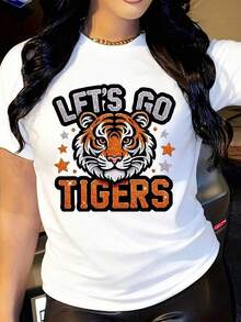 Women's Let's Go Tigers Graphic T-Shirt - Tiger Graphic Design And Lettering In Orange, Black, And White - Breathable T-Shirt For Sports Fans, Casual Wear - Lightweight T-Shirt For Everyday Wear, Parties And Games, Game Day Outfit, Sporty Aesthetic, Comfortable Fit, Short Sleeve T-Shirt, Basic Blouses For Team Supporters - 白色 - 查看 1