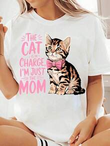 Women's Cotton T-Shirts, Women's T-Shirt With "The Cat Is In Charge I'm Just The Mom" Print, Gift For Cat Lovers, Funny T-Shirt For Pet Owners, Casual Top With Kitten Graphic, Basic Women's Blouses. - 白色 - 查看 1
