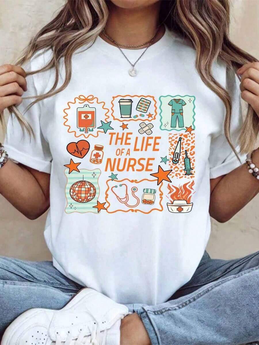 Women's Cotton T-Shirts, "A Nurse's Life" T-Shirt, Gift For Nurses, Medical-Themed T-Shirt, Funny Nurse Clothing, For Healthcare Workers, Nurse Appreciation Day Gift, Women's Basic Blouses. - 白色 - 查看 1
