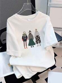 Women's Loose Fit Short Sleeve T-Shirt By SimpieAndVersatileDesign - Breathable Casual Crew Neck T-Shirt With Cartoon Print, Machine Washable For Year-Round Comfort, Simple Design For Everyday Wear, Women's Comfortable T-Shirt With Fun Print, Simple Style, Cotton T-Shirt. - 白色 - 查看 6