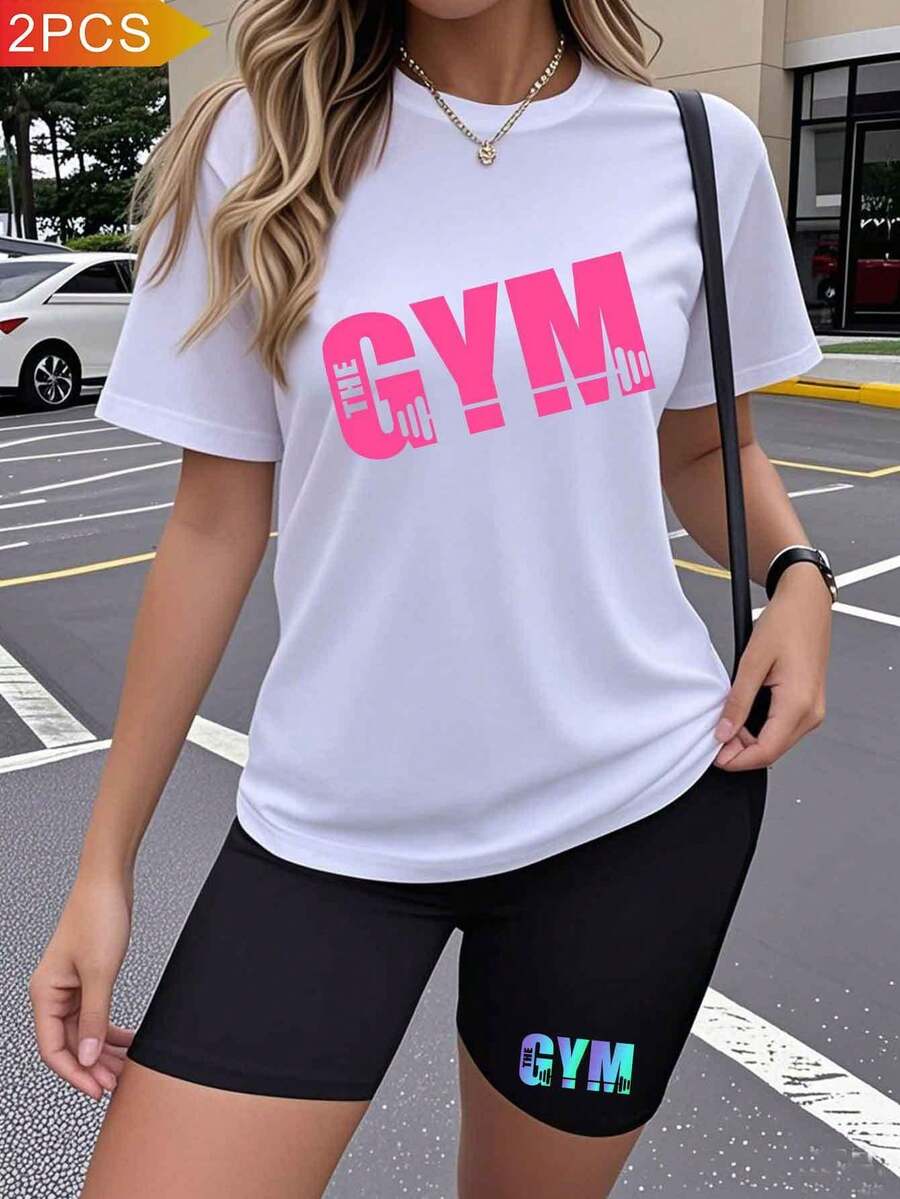 Women's 2-Piece Set, Minimalist Design With "GYM" Print, Crew Neck T-Shirt And Elastic Waist Shorts, Two-Tone Summer Outfit For Sports, Yoga Or Home, Style Y2K - 白色 - 查看 1