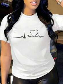 Women's Short Sleeve T-Shirt With Graphic Heartbeat Print, Modern Minimalist Style, Casual Heart Design T-Shirt, Summer Top, Minimalist Aesthetic For Daily Wear And Valentine's Day Gift, Casual For Everyday. - 白色 - 查看 7