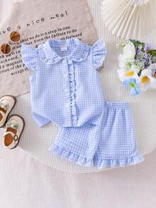 2 st set med rutig skjorta och shorts för babyflickor, avslappnat och uppfriskande, kortärmad, lätta sommarkläder för utomhusbruk - Babyblå - Visa 1