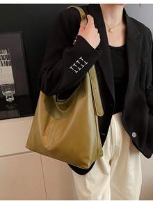 Women's Solid Color PU Leather Fashion Large Capacity Shoulder Bag For Daily Use - Army Green - View 2