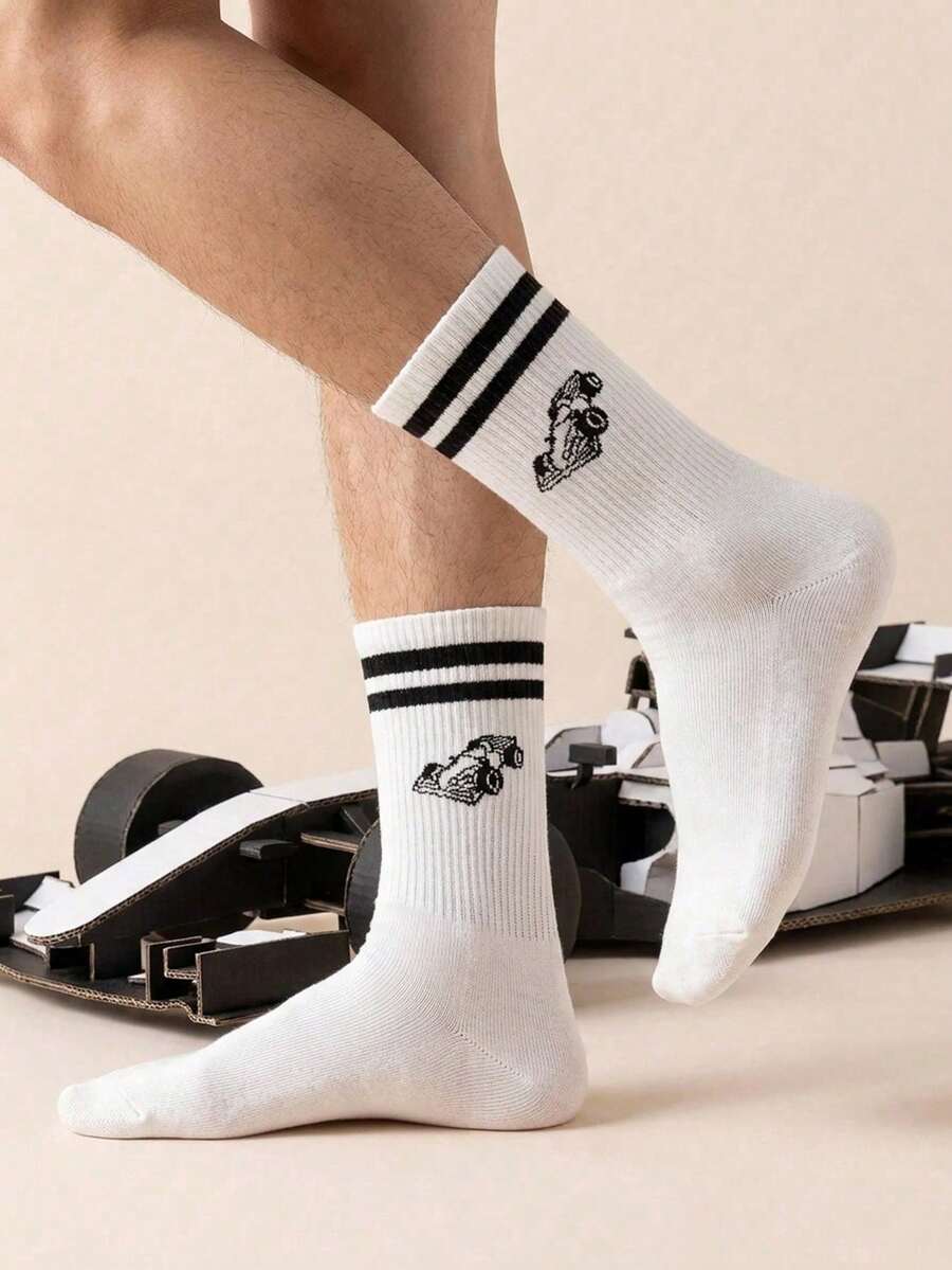 1 par de calcetines de media caña con diseño de patrón de coche de carreras F1 de moda, calcetines de diseño a rayas para piloto de carreras, unisex, adecuados para todas las estaciones - Multicolor - Ver 1