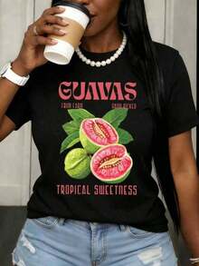 GiftCamia Women's Sweet Tropical Fruit Graphic "Hand-Picked Guavas On The Farm" Summer Casual Wear, Soft White Cotton Top - 黑色 - 查看 6