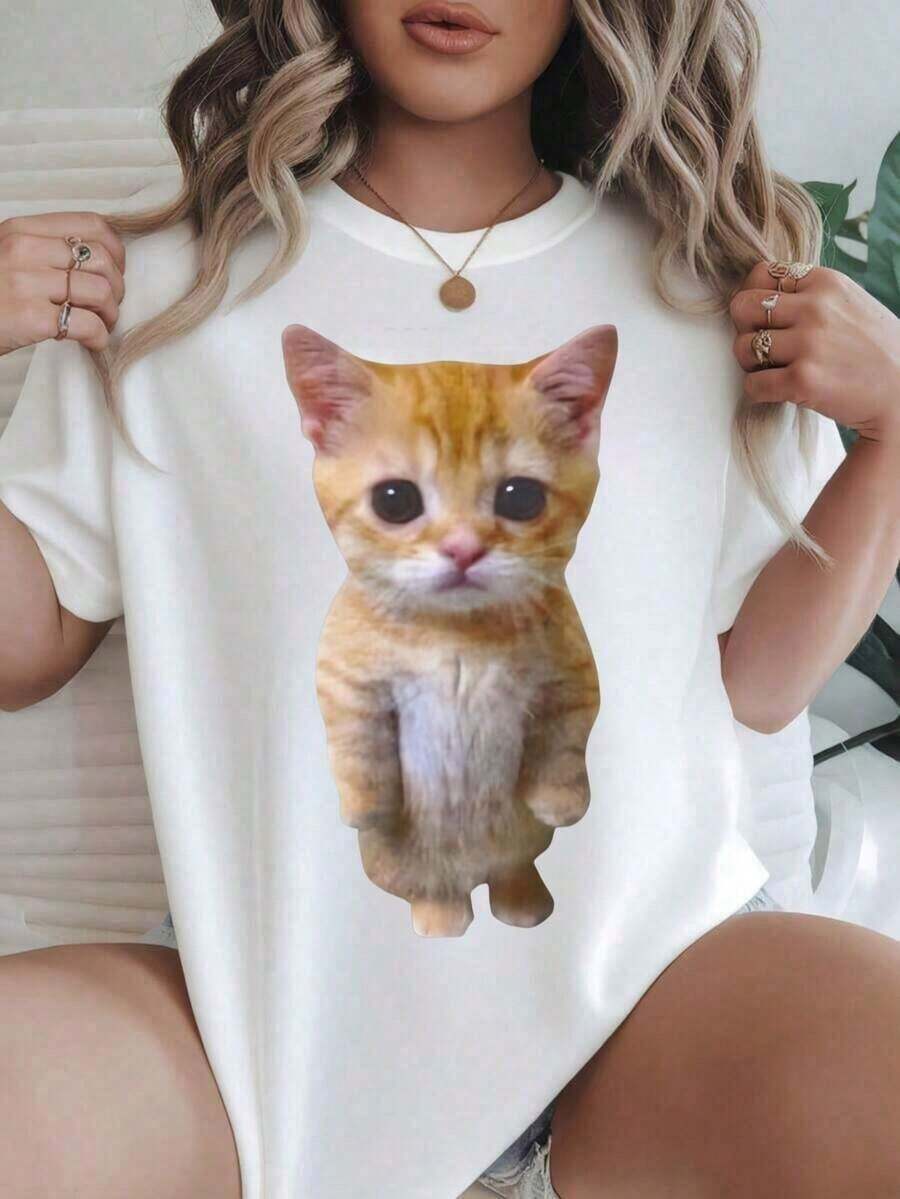 GiftCamias Women's Casual Short Sleeve Camisole - Cute Orange Kitten Print, Round Neck, Summer Top, Machine Washable, Ladies' Camisole, Casual Outfit, Fashionable Look, Comfortable Fit.
White. Suitable For Spring, Summer, And Autumn. Soft - 白色的 - 查看 1