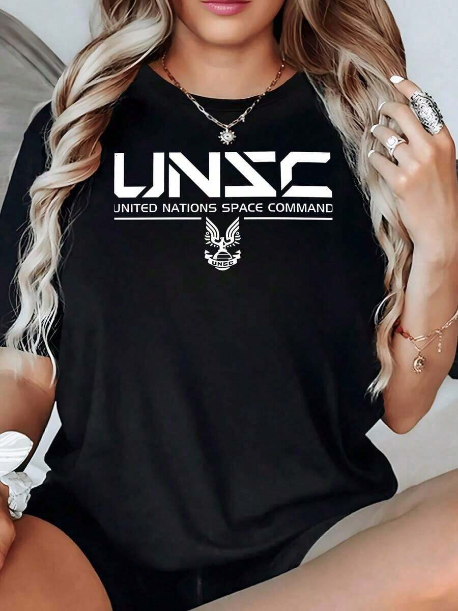 100% Cotton. International Space Command Symbol With Eagle Emblem And Stylized Lettering Conveying Strength And Unity. Women's T-Shirt, 100% Cotton, 220g. Women's Simple Solid Color T-Shirt, Loose And Slim Fit Casual Short Sleeve - 黑色 - 查看 1
