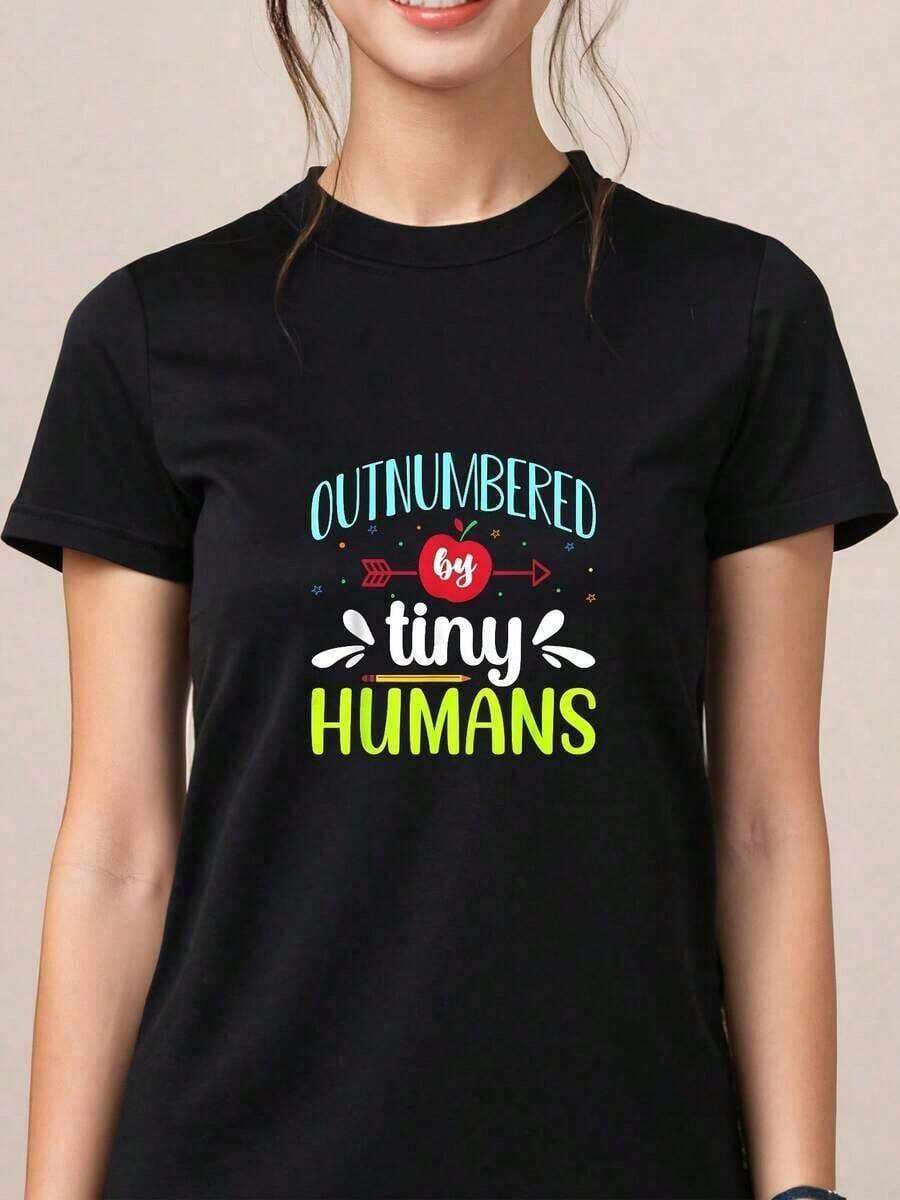 Premium 100% Cotton T-Shirt For Daycare And Childcare Workers, 'Outdone By Little Humans' Design, Casual, Comfortable, Summer Top, Crew Neck, Loose Fit T-Shirt, Gift Idea - 黑色 - 查看 1