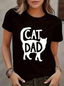 Father's Day Printed T-Shirt, Round Neck, Short Sleeve, Casual Style, Spring Summer, Casual Wear, Women's T-Shirt, Elegant Party Outfit, Elegant Ladies T-Shirt, Blouses Suitable For Curvy Women, Casual Clothing, Cool And Sweat-Free Summer Clothes, Fun Letter Print - 黑色 - 查看 6