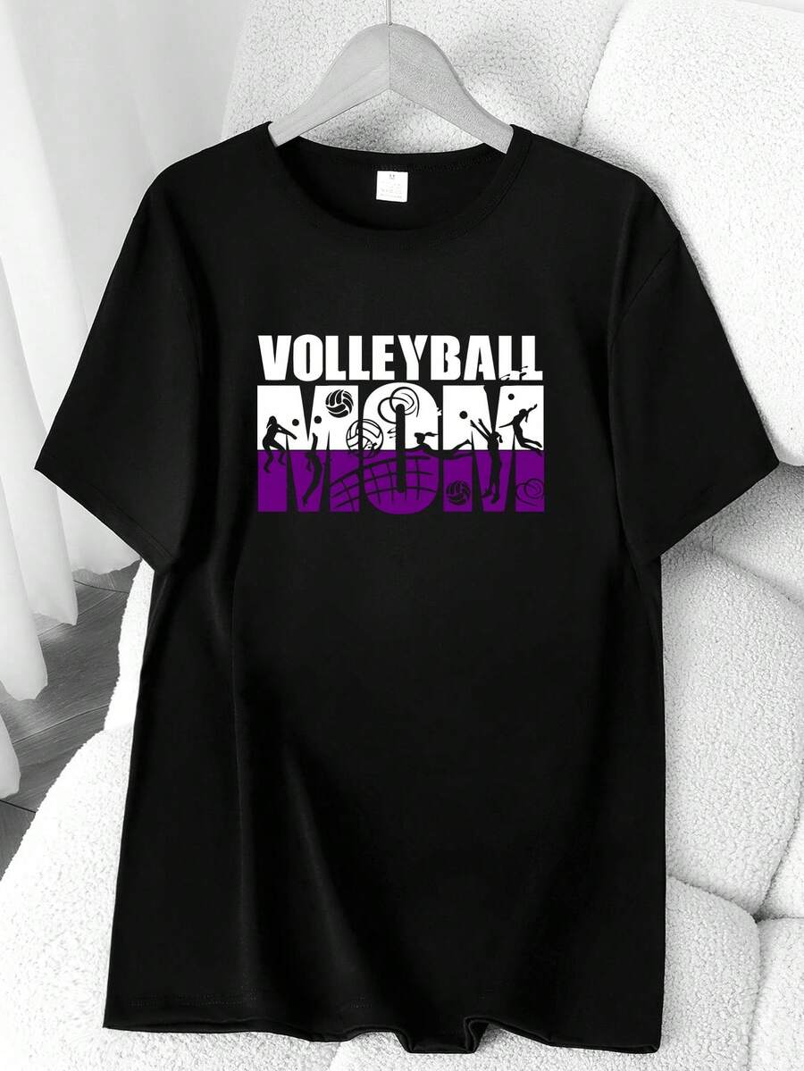 T-Shirt With A "Volleyball Mom" Print. Available In 6 Colors, Short Sleeves, Round Neck, High-Stretch Casual Sports Top. Machine Washable. Suitable For Spring And Summer. Can Be Worn In All Seasons. Women's Clothing. Elegant Party Outfit, T-Shirt For Stylish Ladies, Blouses Suitable For Curvy Women, Casual Wear, Cool And Breathable Summer Wear, Fun Letter Print. - 黑色 - 查看 1