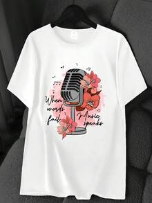 Large Microphone And Music Print, Unique Style, A Must-Have For Trendsetters, Short Sleeve, Studio Wear, Team Wear With Prints, New 2026 Crew Neck T-Shirt, Fashionable, Youthful, Modern, Casual Short Sleeve T-Shirt, Sporty, Summer, High Elasticity, Women's Base Layer T-Shirt, Colorful Patterned Printed T-Shirt. Elegant Party Outfit, T-Shirt For Elegant Ladies, Blouses Suitable For Curvy Women, Casual Wear, Cool And Sweat-Free Summer Wear, Fun Letter Print. - 白色 - 查看 1