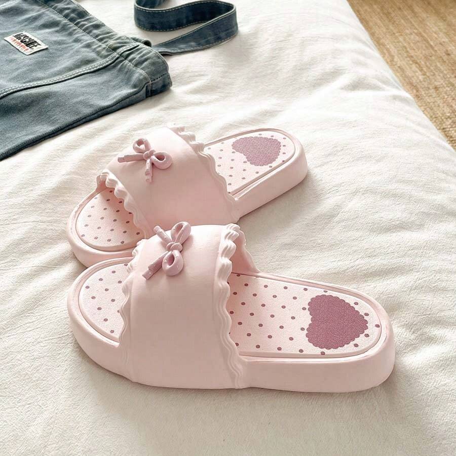 2026 New Polka Dot Heart Bow Decor Summer Casual Slides, Dual-Use For Indoor And Outdoor Wear