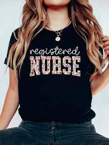 Soft 100% Cotton T-Shirt, 1 Piece (T-Shirt), RN Nurse Floral Print, Women's Graphic T-Shirt, Round Neck, Short Sleeve, Casual Tops, Breathable Cotton T-Shirt, Goes With Everything, Great. - 黑色 - 查看 1