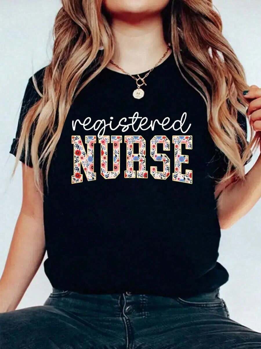 Soft 100% Cotton T-Shirt, 1 Piece (T-Shirt), RN Nurse Floral Print, Women's Graphic T-Shirt, Round Neck, Short Sleeve, Casual Tops, Breathable Cotton T-Shirt, Goes With Everything, Great. - 黑色 - 查看 1