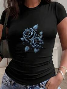 Short-Sleeved T-Shirt With Round Neck And Fitted Cut, Solid Color, With Pleated Detail At The Waist, Y2K Style, Elegant And Romantic Design With Blue Rose Bouquet Print And Artistic Lettering, Suitable For The Spring, Summer, Autumn And Winter Seasons. - White - View 9