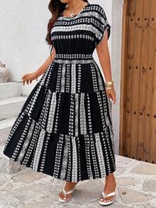 Robe mi-longue pour femmes grandes tailles à motif géométrique losange tissé, convient pour les vacances, la maison, les sorties et les voyages en été. Élégante en noir. - Noir - Voir 4