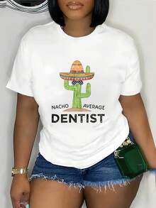 Camiseta casual de mujer con gráfico de cactus de dibujos animados - Top transpirable de manga corta y cuello redondo, corte regular H-Line lavable a máquina, comodidad para todas las estaciones, decoración de cactus - Blanco - Ver 1
