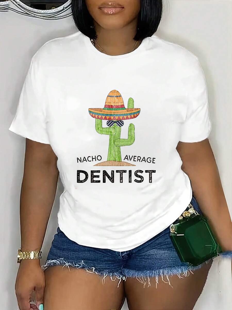 Camiseta casual de mujer con gráfico de cactus de dibujos animados - Top transpirable de manga corta y cuello redondo, corte regular H-Line lavable a máquina, comodidad para todas las estaciones, decoración de cactus - Blanco - Ver 1