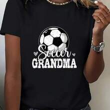 Women's Printed Crew Neck T-Shirt, USA-Mexico Clothing Series, Fashionable Crew Neck T-Shirt For Women, With A Soccer-Fascinating Grandma Heart Print, An Eye-Catching And Versatile Item. Cheer On The Team With This Garment. New Comfortable Short Sleeve Style For Spring/Summer, Suitable - 黑 - 查看 1