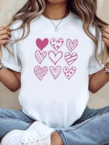 Women's T-Shirts - T-Shirt, Valentine's Day T-Shirt, With Nine Combined Heart Prints (Pink-Purple Gradient Heart + Polka Dots / Stripes / Plaid Patterns) In A Soft Retro Style. - 白色 - 查看 7