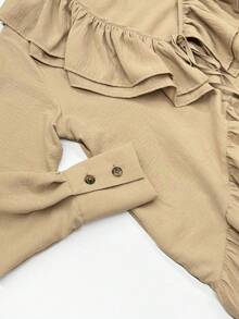Vestido largo cuello V con volantes y manga acampanada, estilo vacacional primavera verano 2026 - Caqui - Ver 5