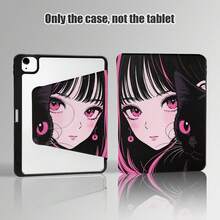 1pc Flip Desktop Protective Case With Pen Slot, Cartoon Girl And Black Cat Pattern, 360 Degree Rotating Stand, Built-In Pen Slot, PU Leather Case With Stand, Auto Sleep/Wake Function, Compatible With Honor ///Apple/Etc. And And Other Popular Models, Suitable For Back To School, Valentine's Day, Holiday Gifts - Multicolor - View 4