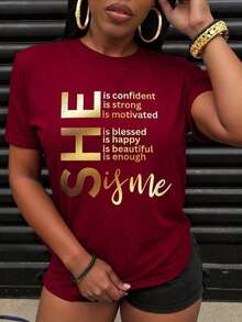 1 Piece Of Women's Printed T-Shirt With Combination Of Letters And Graphics For New Year's Clothing, Graphic T-Shirts For Women, Unisex Tops, Comfortable, Urban Vintage Style, Loose, Washed And Soft. - 紅色 - 查看 3