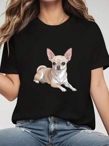Women's T-Shirt With Chihuahua Graphic Print, Short Sleeve And Round Neck, Casual Top For Summer And Spring, Women's Clothing, Casual Printed T-Shirt, Short Sleeve And Round Neck, Local Urban Spring/Summer Fashion. - 黑色 - 查看 6
