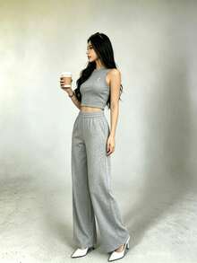 2-Piece Set Of Tank Top And Solid-Color Pants For Casual Holiday Wear - Grey - View 5