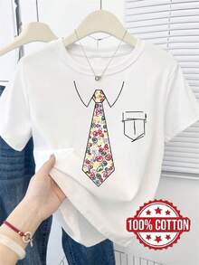 | Exquisite Design | Loose And Comfortable | Easy To Match | The New TH417 Women's T-Shirt Features A Faux Bow And Faux Pocket Design With Prints. This Casual And Fashionable Printed T-Shirt Is Made Of 100% Cotton, Has A Round Neck, Short Sleeves, And Is Sweat-Absorbing And Breathable. It's Casual, Comfortable, Stylish, And Unique For Lounging At Home, Suitable For Spring, Summer, And Autumn. This Versatile Short-Sleeved Sports T-Shirt Is Breathable And Sweat-Absorbing, And Also Suitable For Layering In Autumn And Winter. - 白色 - 查看 7