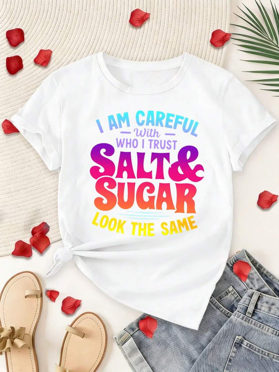 Women's Casual Sports T-Shirt With Colorful Text And Knot At The Bottom - White Elastic Crew Neck T-Shirt, Machine Washable, Comfortable Fit, To Match With Jeans And Sandals, Perfect For All Seasons. - 白色 - 查看 1
