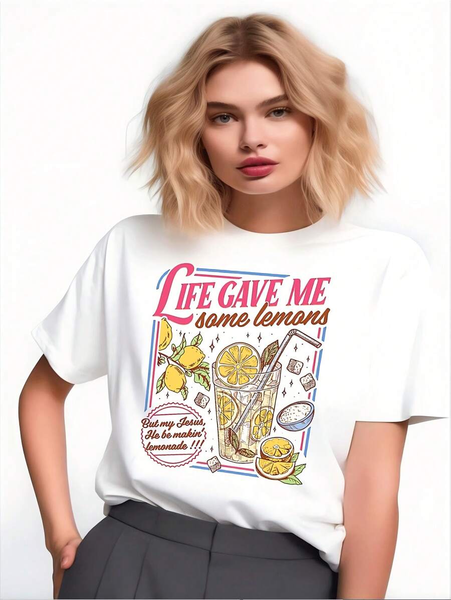 Women's Printed T-Shirt - Casual Short Sleeve Crew Neck T-Shirt, White With Hand-Drawn Lemon Illustrations, Loose Fit For All Seasons, Perfect For Everyday Wear And Holiday Outfits (Machine Washable). - 白色 - 查看 1