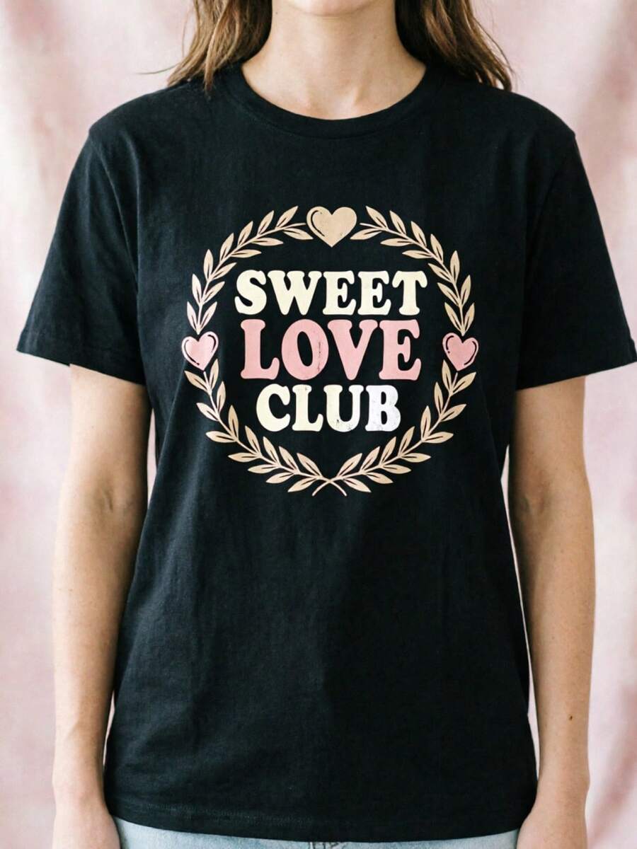 Sweet Love Club Women's Printed T-Shirt - Casual Short Sleeve Crew Neck T-Shirt In Black. Relaxed Fit For All Seasons, Perfect For Everyday Wear And Holiday Outfits (Machine Washable). - 黑色 - 查看 1