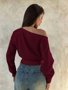 Blusa Asimétrica de Hombro de Manga Larga de 95% Algodón Tejido, Blusa Versátil Negra, Armario de Otoño; Simple, Elegante; Cómoda, Chic. - Rojo violeta - Ver 2