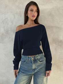 Top de manga larga asimétrico de hombro de punto de color albaricoque para mujer, otoño/invierno - Azul marino - Ver 3
