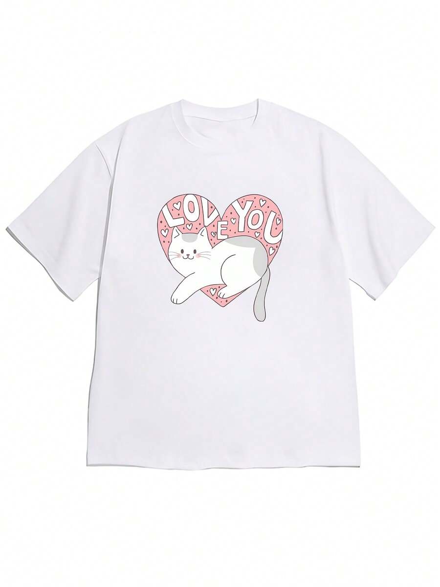Women's Loose Off-Shoulder T-Shirt, New Spring/Summer 2026 Collection | Cute Cartoon Cat Print With The Phrase "LOVE YOU", Soft And Comfortable, Ideal For Casual Outings - High Quality For Summer. - 白色 - 查看 1