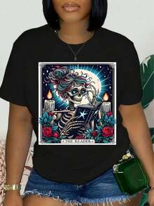 Women's Casual Short Sleeve Crew Neck T-Shirts, Spring And Summer Casual Wear, Graphic Print T-Shirts, Crew Neck, 100% Cotton, Soft Fabric, Short Sleeve - 黑色 - 查看 1