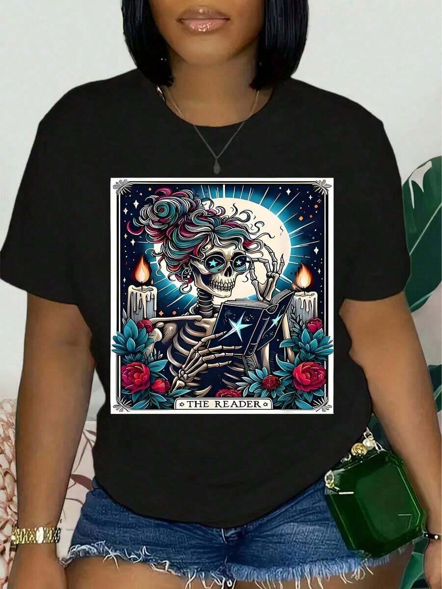 Women's Casual Short Sleeve Crew Neck T-Shirts, Spring And Summer Casual Wear, Graphic Print T-Shirts, Crew Neck, 100% Cotton, Soft Fabric, Short Sleeve - 黑色 - 查看 1