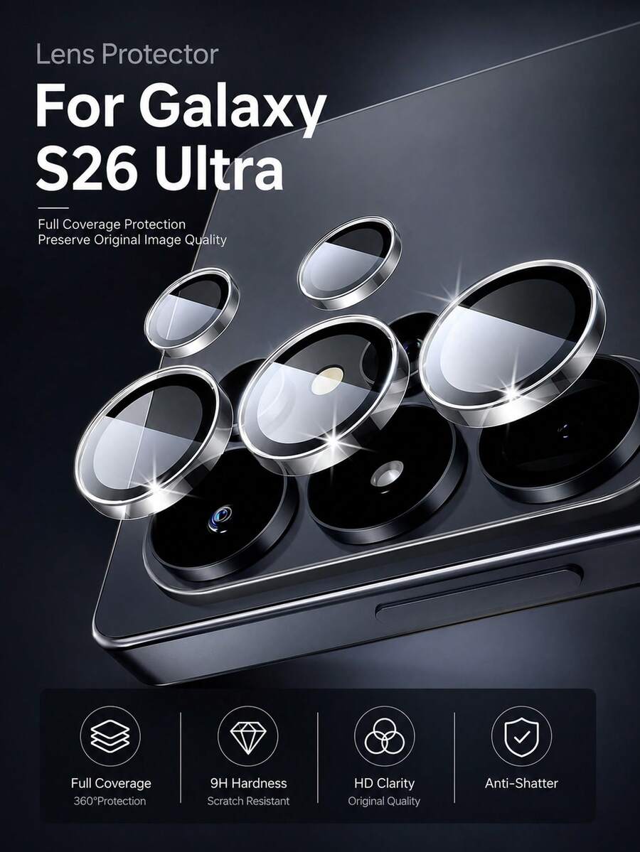 1片高清钢化玻璃摄像头镜头保护膜，兼容三星Galaxy S24 Ultra，3倍抗冲击，易于安装，高清晰度镜头，紧密贴合，防刮擦，也适用于S26 Ultra/S26/S26 Plus、S25 Ultra/S25/S25 Plus、S24/S24 Plus、S23 Ultra/S23/S23 Plus、S22，兼容手机壳和配件，专用手机镜头膜