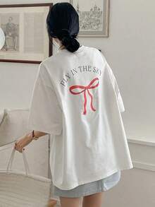 Women's 100% Cotton Oversized Summer T-Shirt, Letter And Bow Print, Round Neck, Drop Shoulder Sleeves, Vintage Casual, New Collection - White - View 1