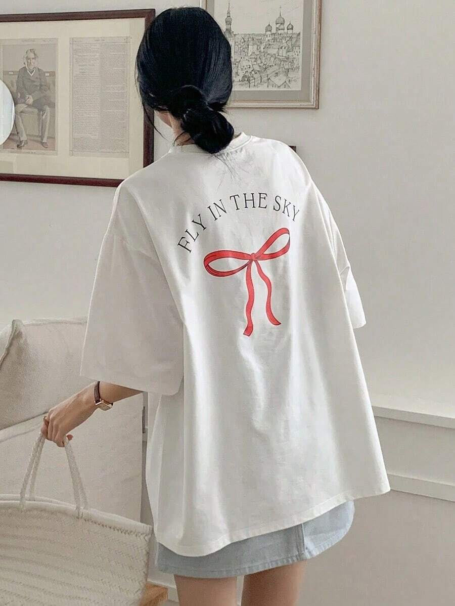 Women's 100% Cotton Oversized Summer T-Shirt, Letter And Bow Print, Round Neck, Drop Shoulder Sleeves, Vintage Casual, New Collection - White - View 1