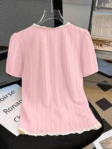 2026 Everyssa Camiseta de mujer con elegante acabado de encaje en contraste de colores, para verano - Rosa - Ver 2