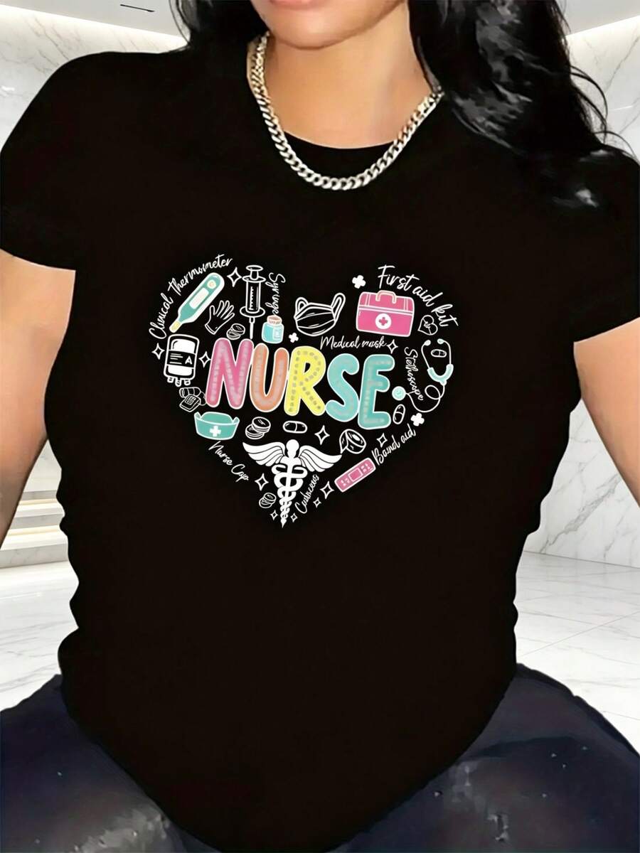 Nurse T-Shirt | Durable And Comfortable, An Ideal Choice For Hospitals, With A Heart-Shaped Pattern Design, Suitable For Work Or Casual Wear, Lightweight And Breathable Fabric, Round Neck, Medium Elasticity. - 黑色 - 查看 1