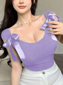 Camiseta de manga corta ceñida con lazo en la espalda para mujer, ideal para el verano - Lila Púrpura - Ver 1