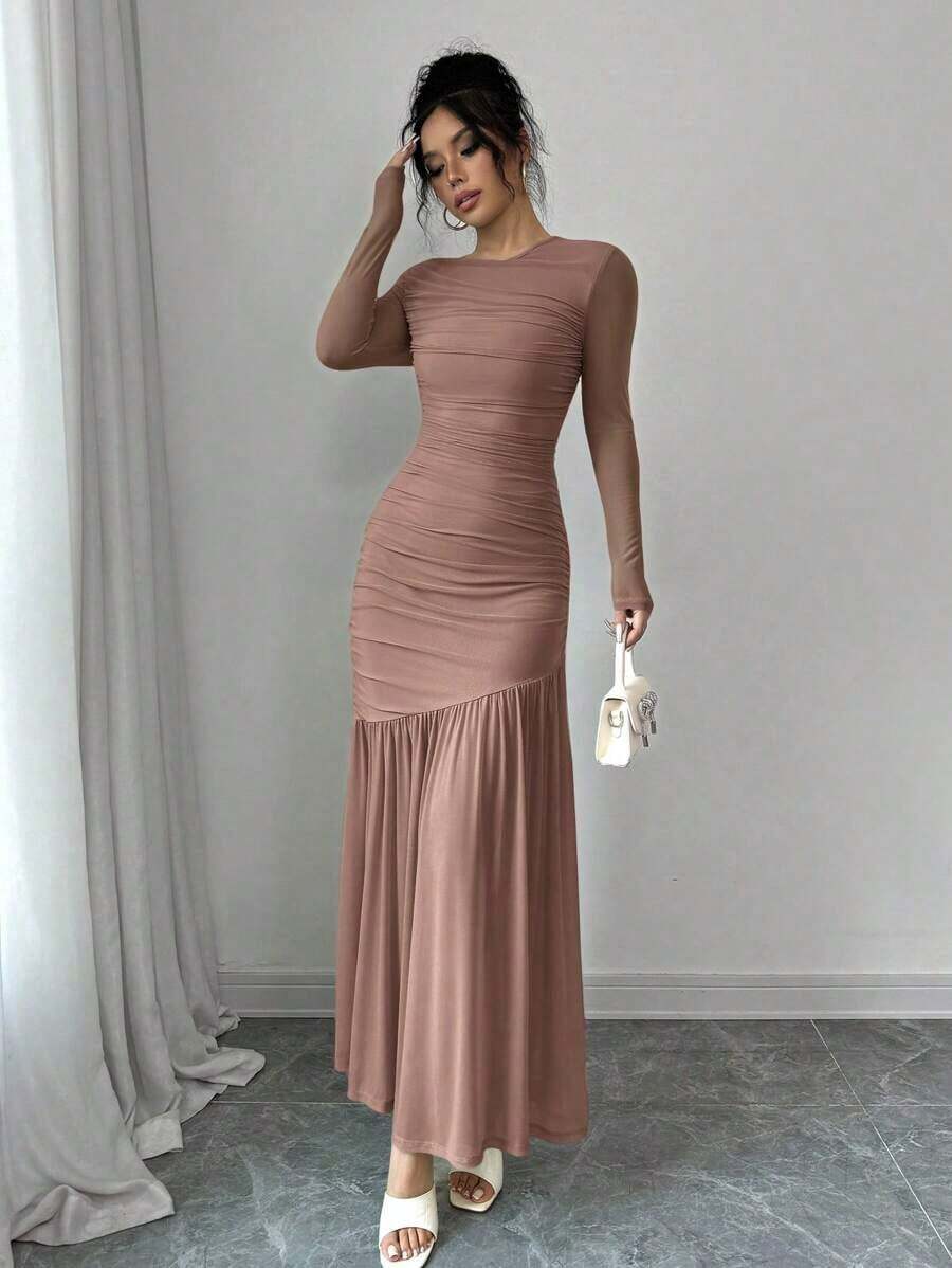 Vestido largo de manga larga con cuello redondo y malla para mujer, vestido casual de otoño.Adecuado para ropa de otoño, atuendo de regreso a clases, atuendo de maestro - Rosa vieja - Ver 1